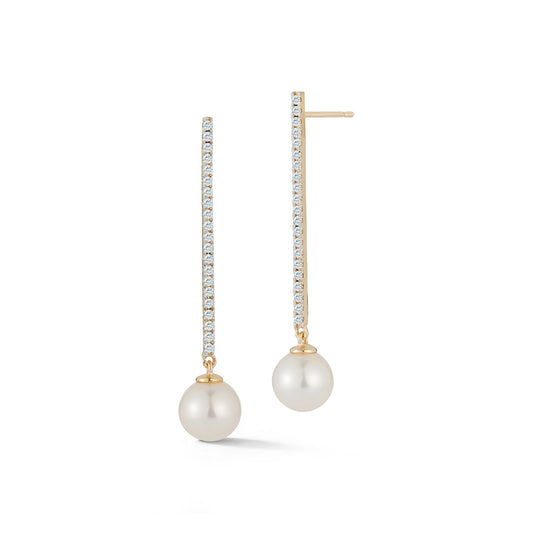 Diamond Bar Earrings with Pearl Drop in 14kt