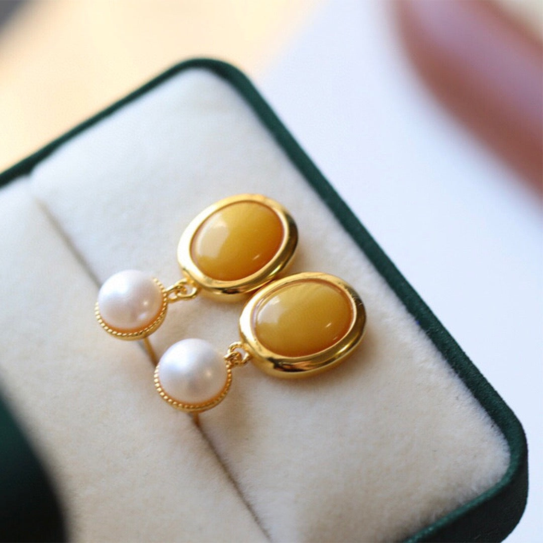 Amber and Pearl Drop Earrings in Natural Style