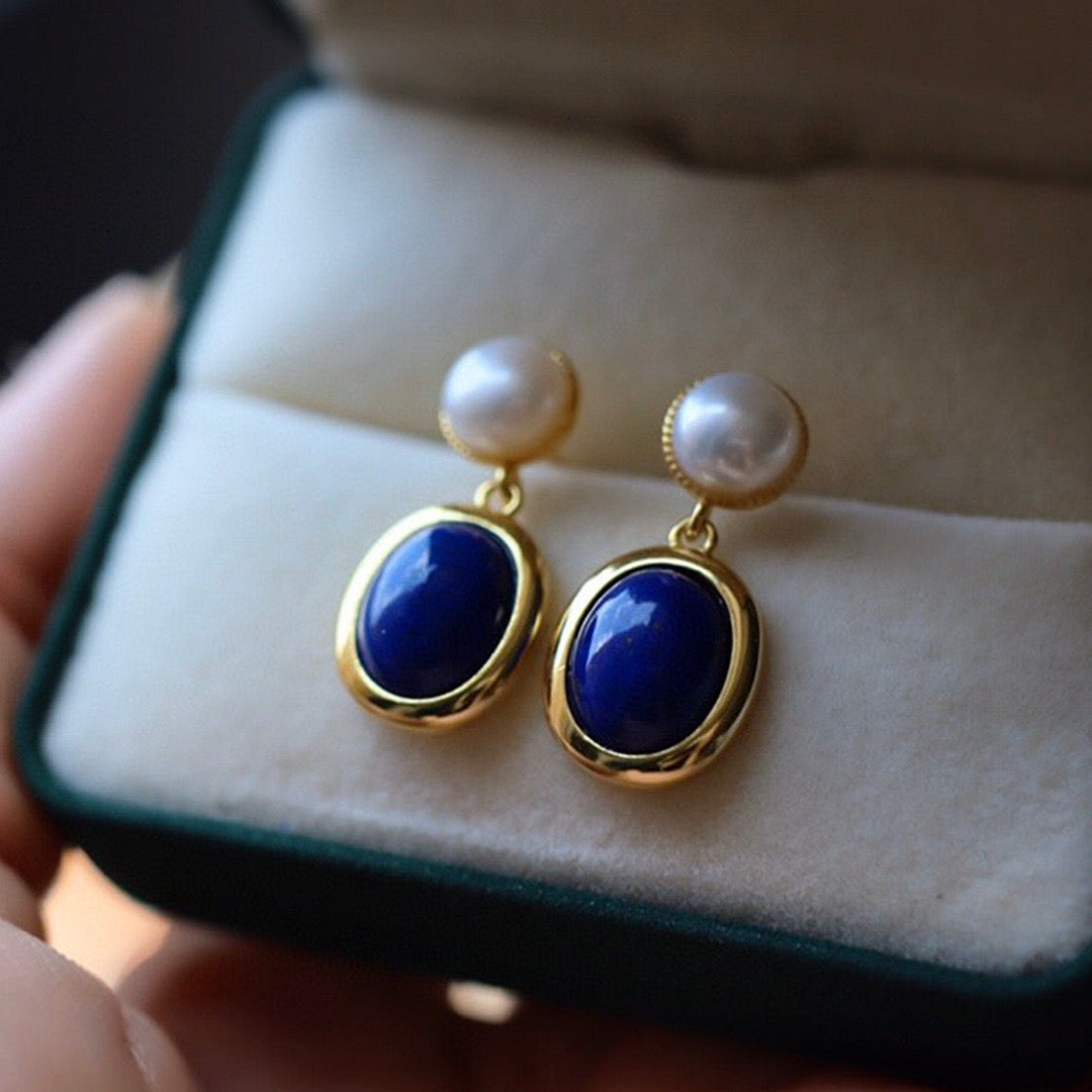 Lapis Lazuli and Pearl Drop Earrings in Dark Blue