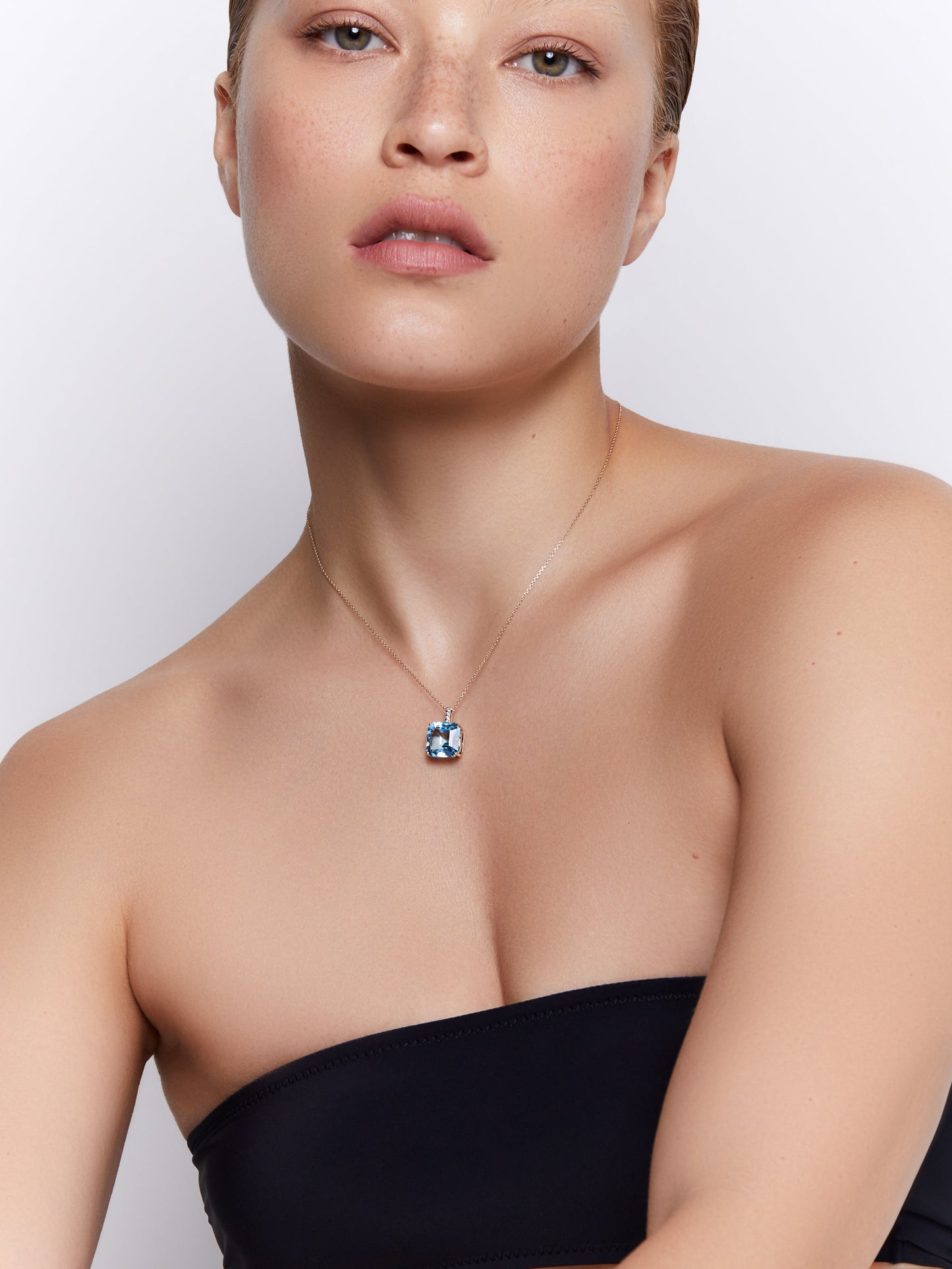 Swiss Blue Topaz Necklace with 14kt Asscher Cut Design