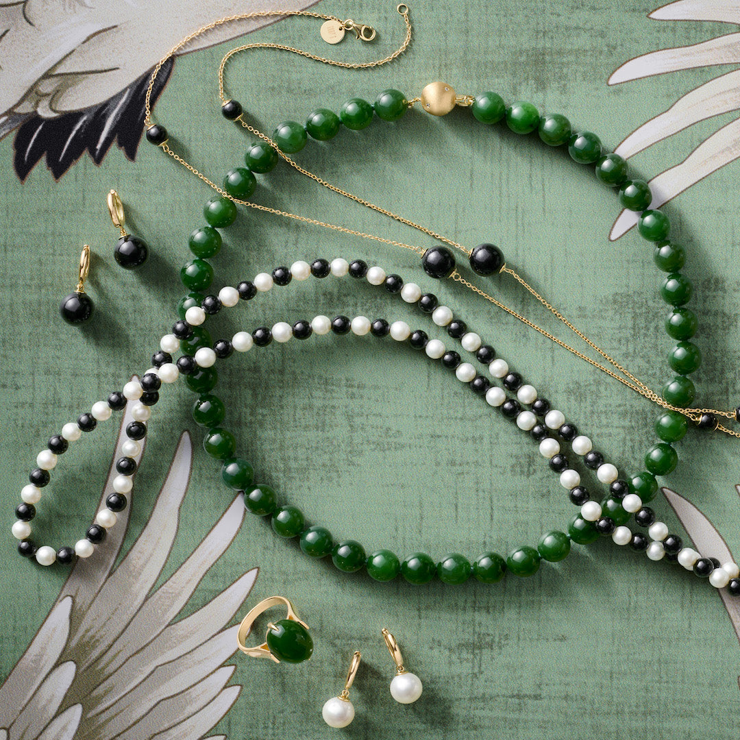 Black Nephrite Jade and White Pearl Rope Necklace