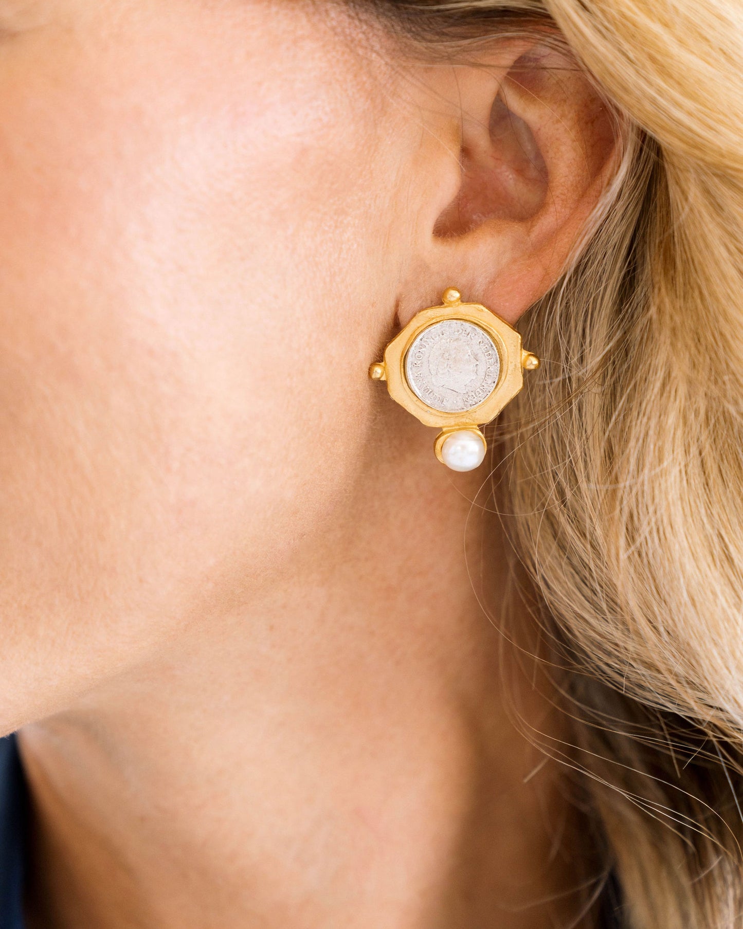 Pearl Studs with Dutch Coin Design