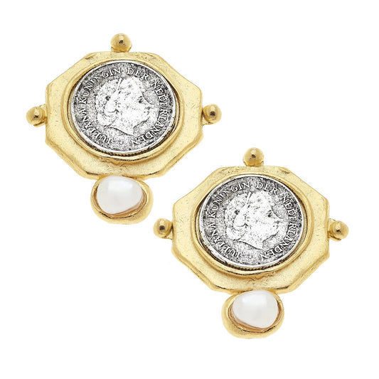 Coin and Pearl Stud Earrings