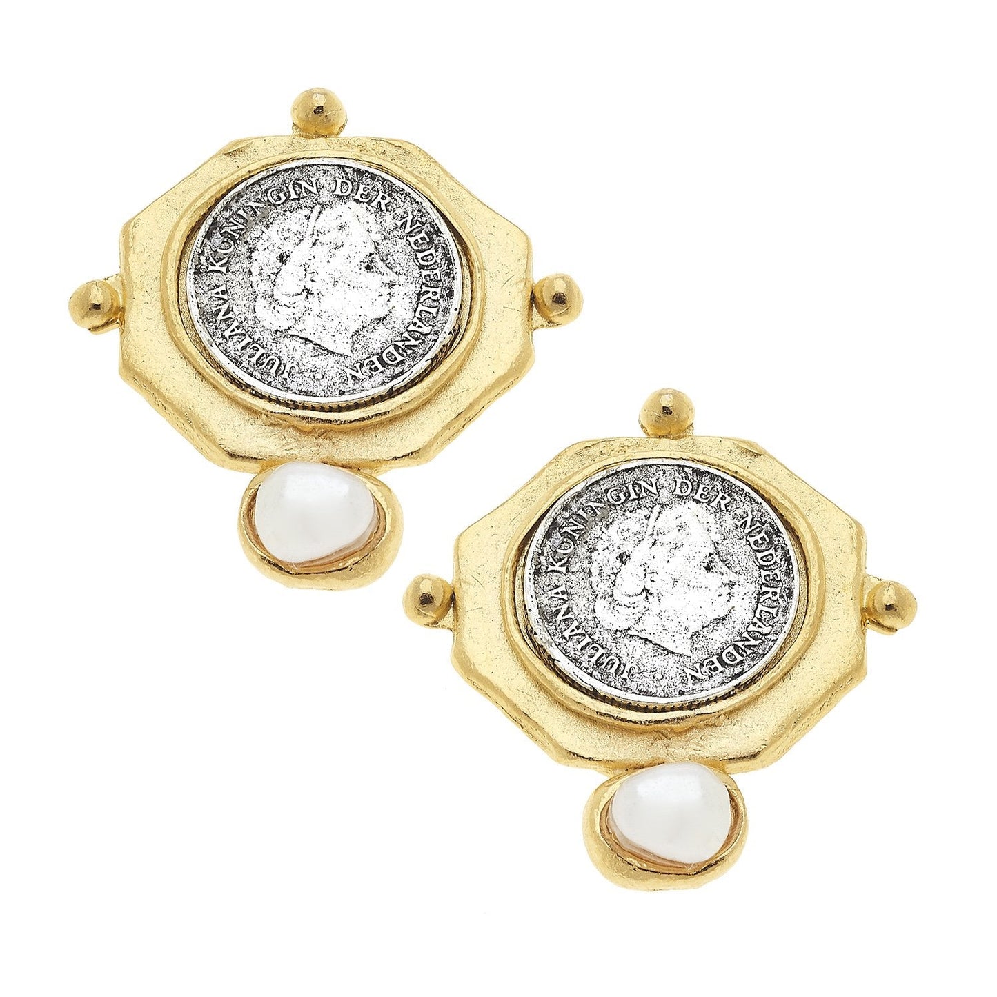 Pearl Studs with Dutch Coin Design