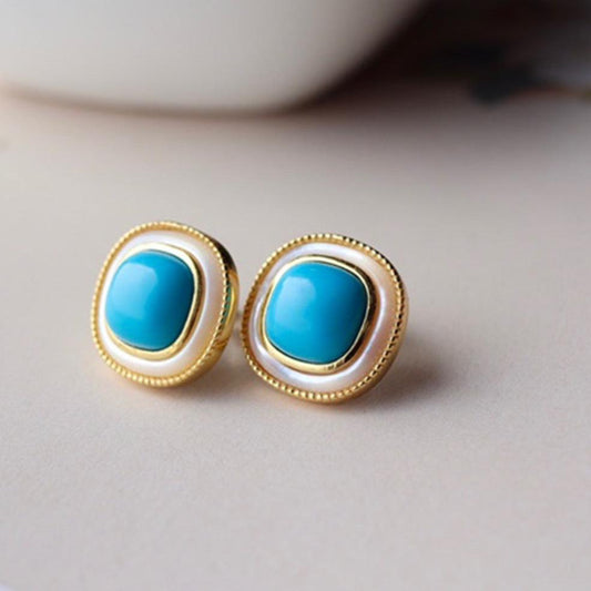 Geometric Earrings in Blue Turquoise and White Pearl