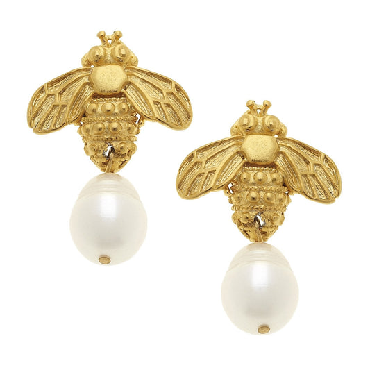 Pearl Drop Earrings with Bee Design