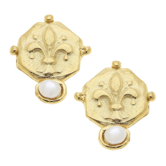 Fleur De Lis Pearl Stud Earrings