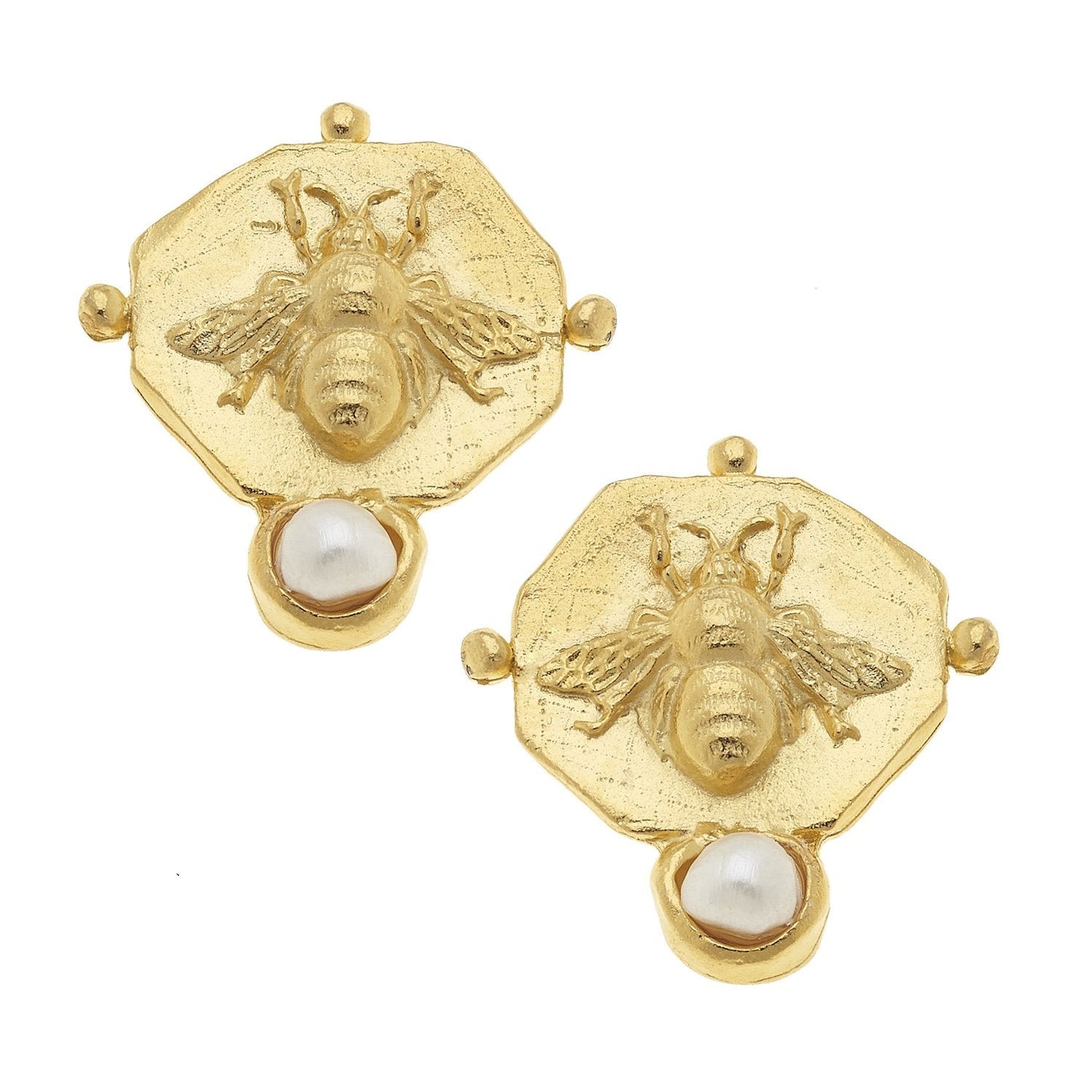 Pearl and Bee Design Stud Earrings