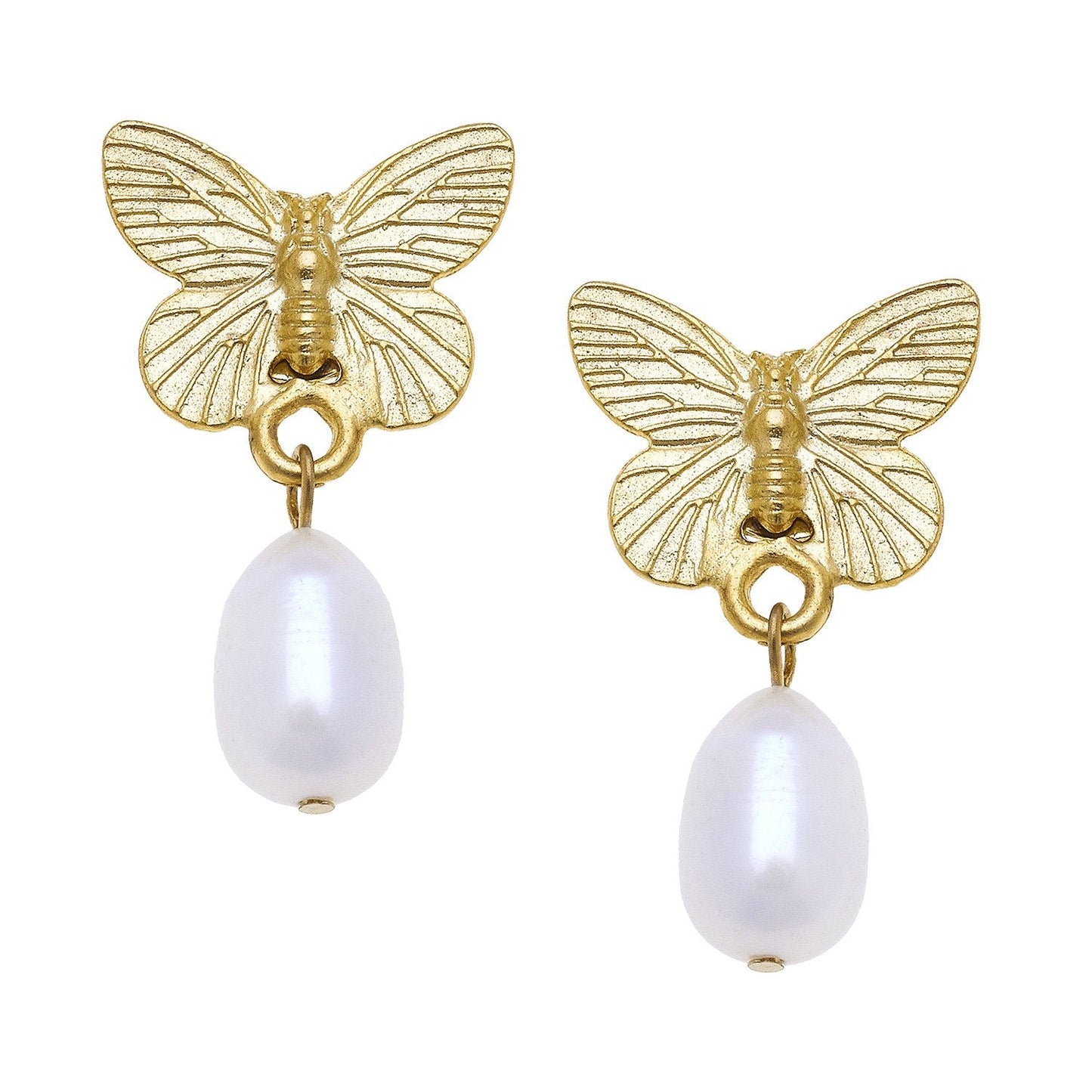 Gold Butterfly Pearl Drop Earrings for Women