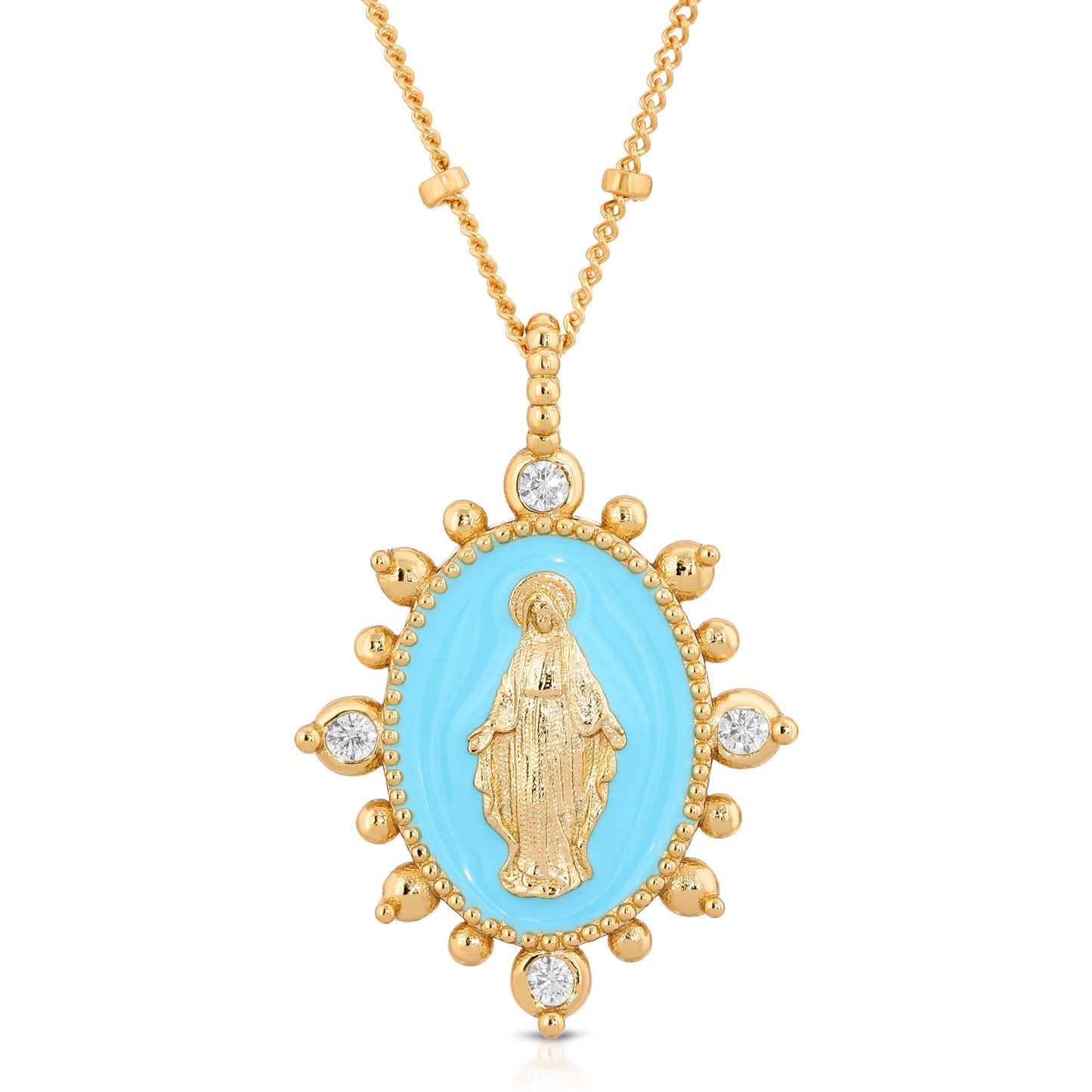 Aqua Colored Lady Lourdes Pendant Necklace