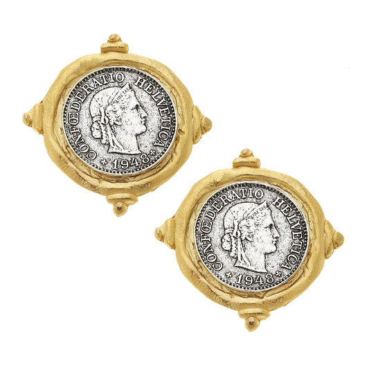 Mixed Metal French Coin Stud Earrings