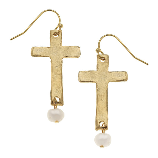 Elegant Cross and Pearl Drop Earrings