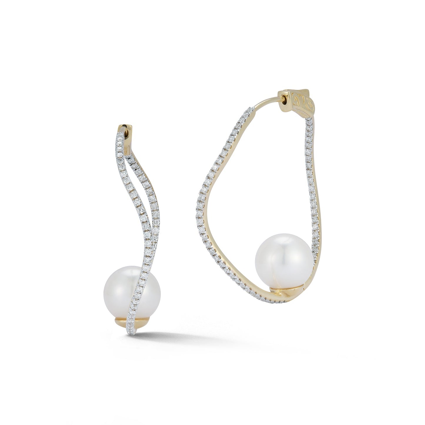 14kt Pearl Wave Design Diamond Hoop Earrings