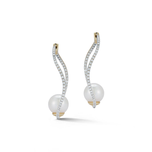 14kt Pearl Wave Design Diamond Hoop Earrings