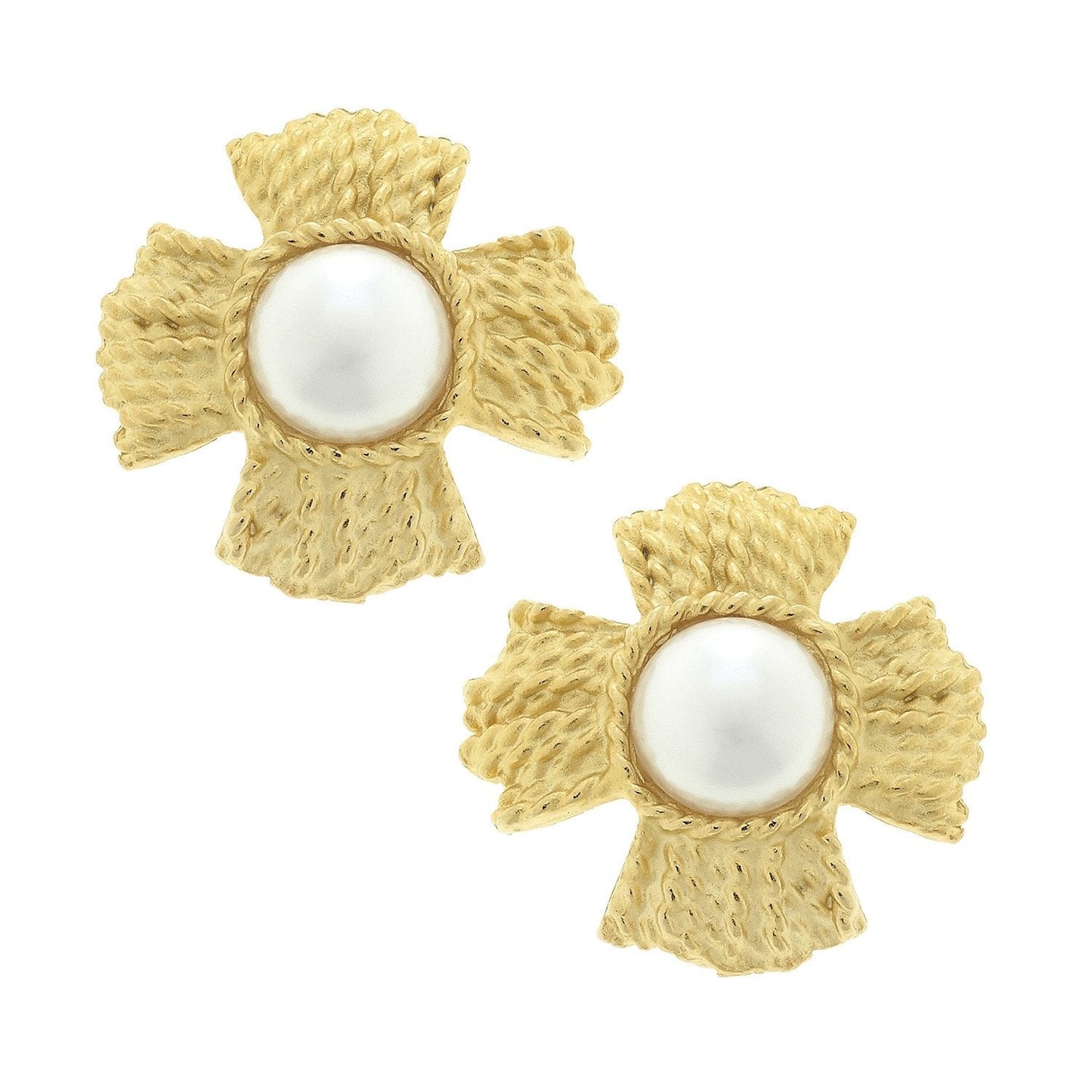 Braided Pearl Stud Earrings with Cross Design