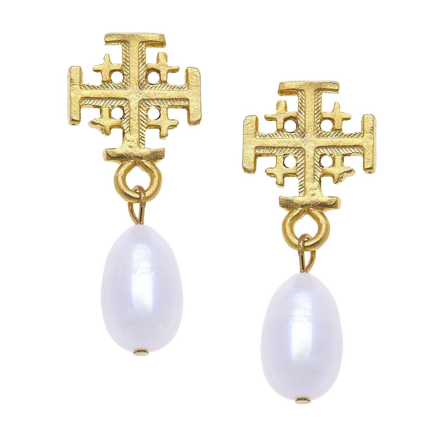 Jerusalem Cross Design Pearl Drop Earrings