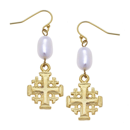 Pearl Drop Earrings with Jerusalem Cross Design