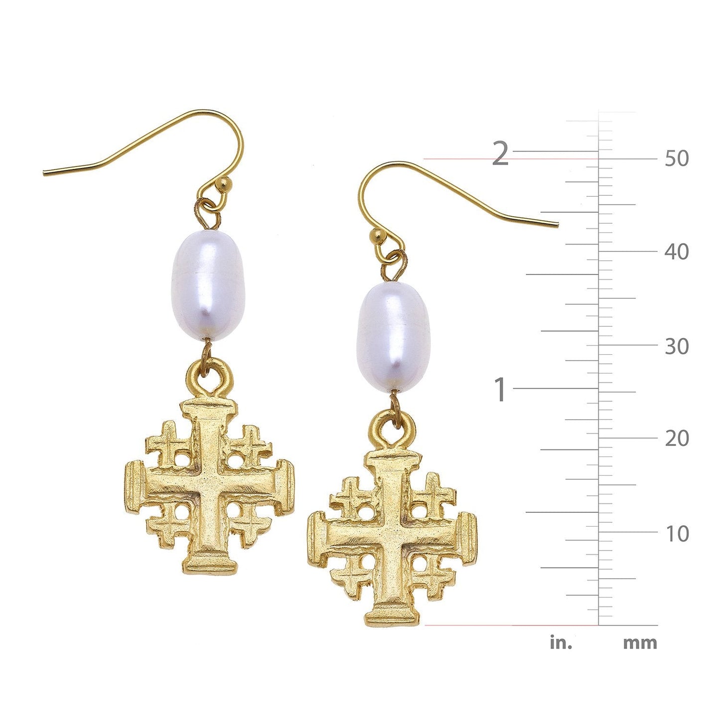 Pearl Drop Earrings with Jerusalem Cross Design