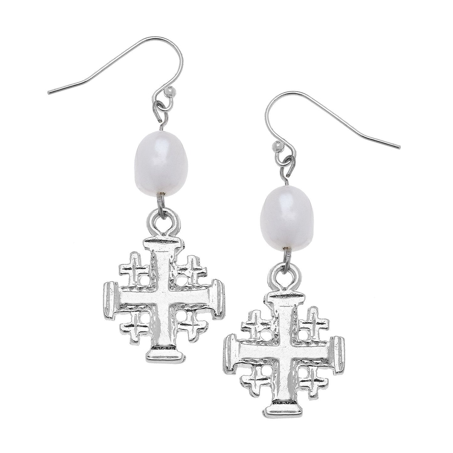 Pearl Drop Earrings with Jerusalem Cross Design