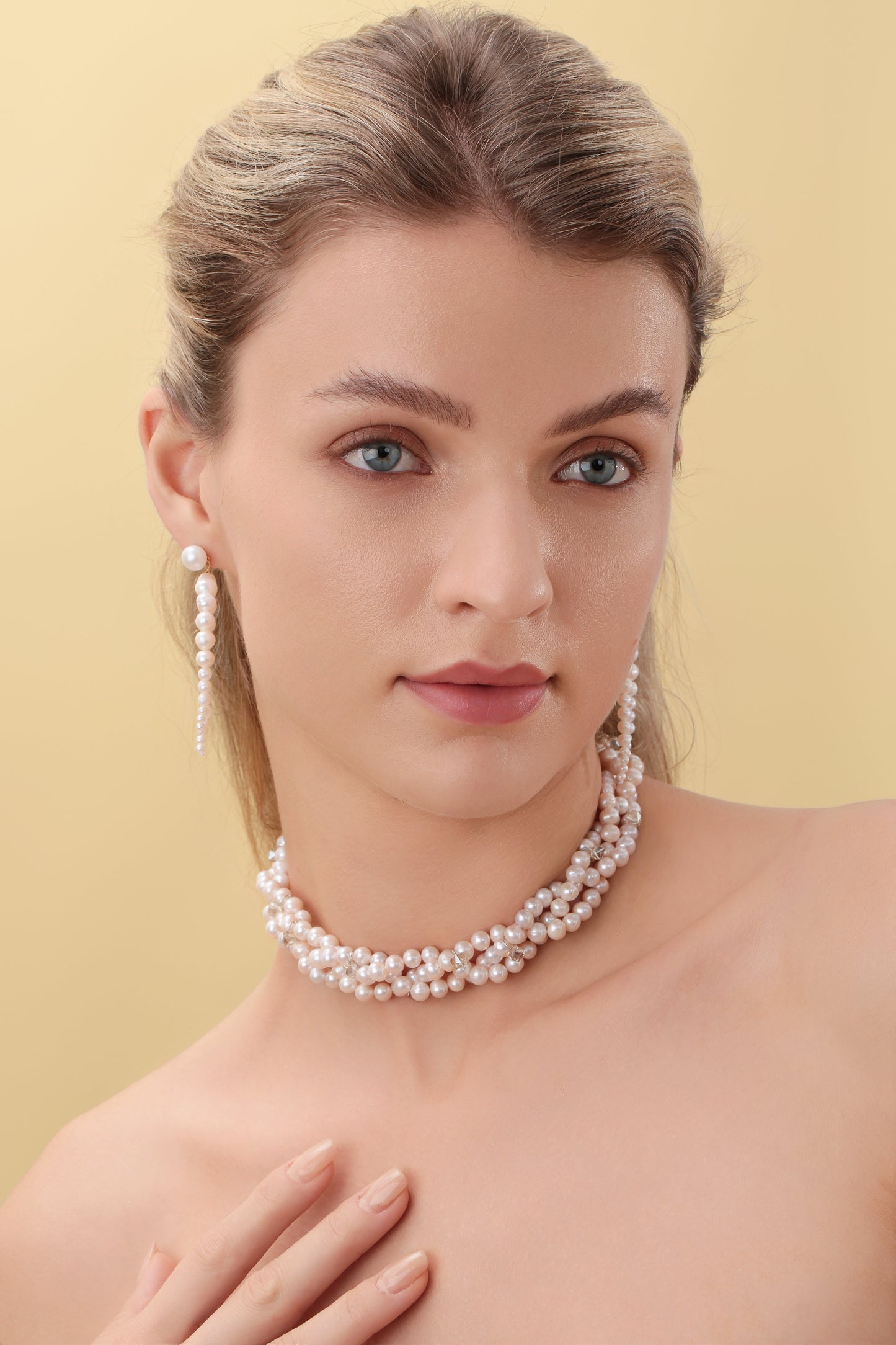 Handcrafted Triple-Layer Pearl Crystal Necklace