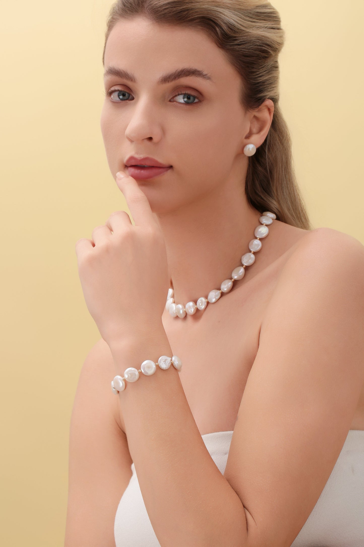 Coin Pearl Necklace Earrings and Bracelet Set