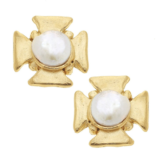 Maltese Cross Design Pearl Stud Earrings