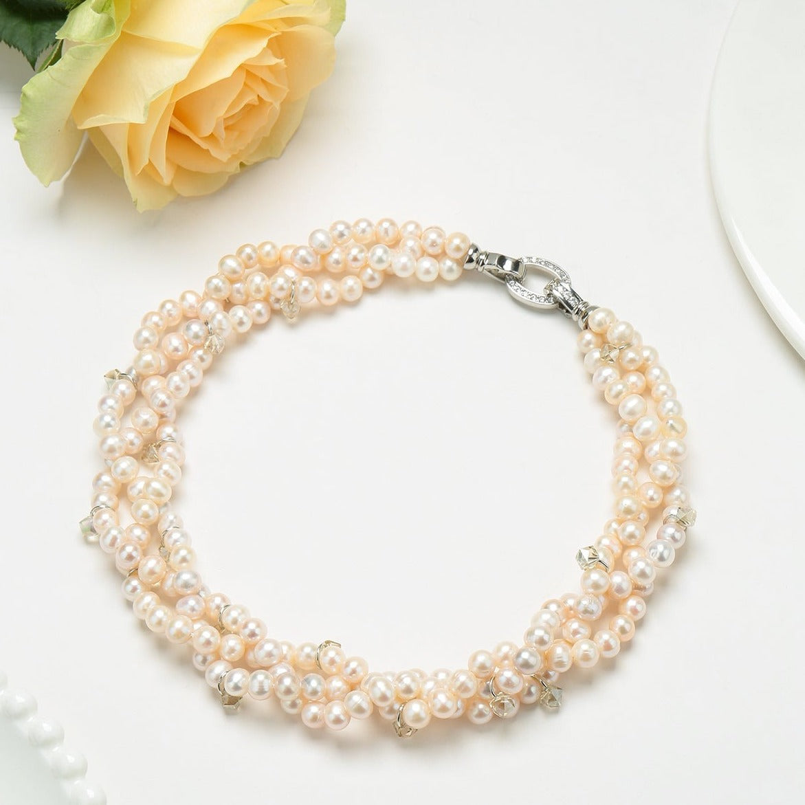 Handcrafted Triple-Layer Pearl Crystal Necklace