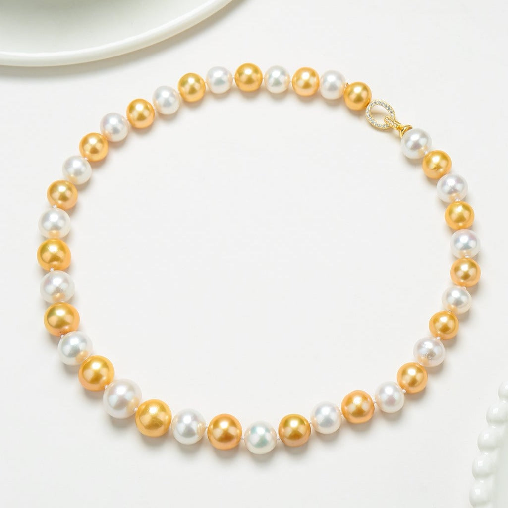 Dyed Golden and White Freshwater Pearl Necklace 1