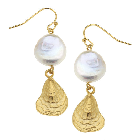 Coin Pearl Oyster Design Drop Earrings