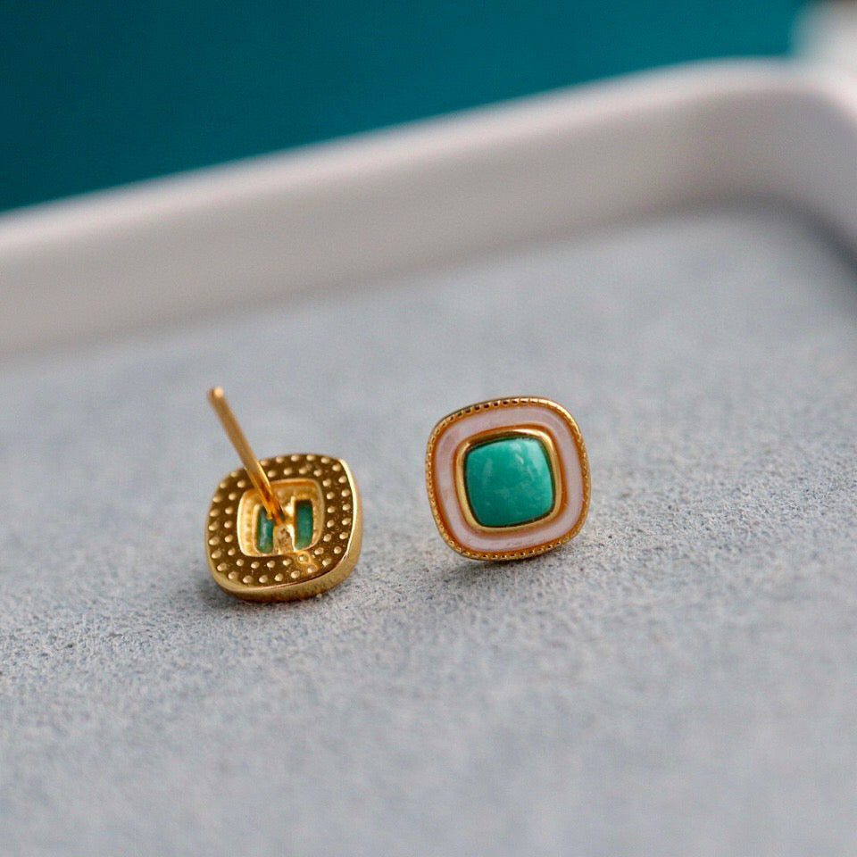 Turquoise and Mother of Pearl Geometric Stud Earrings