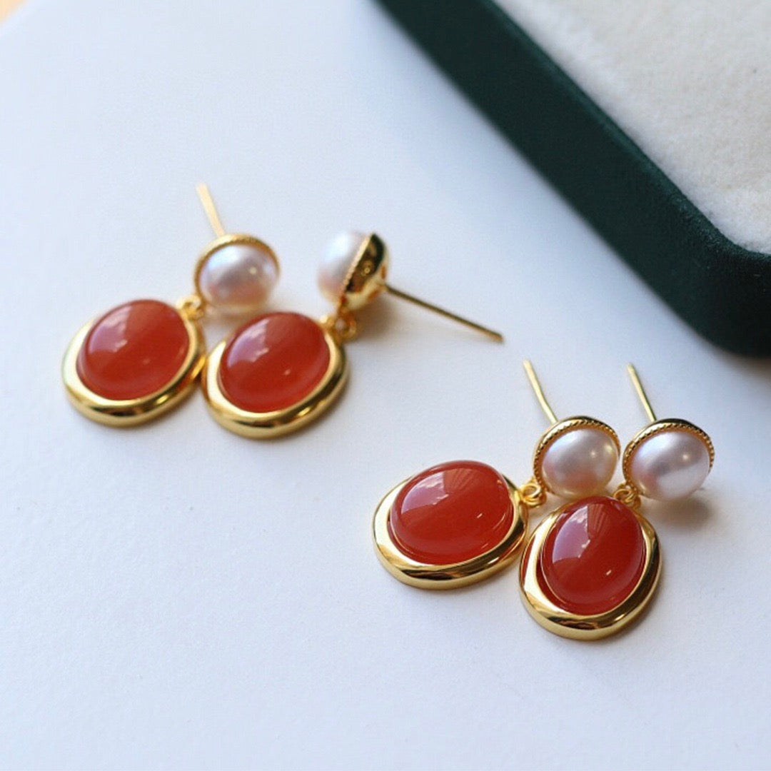 Red Agate and Pearl Drop Earrings