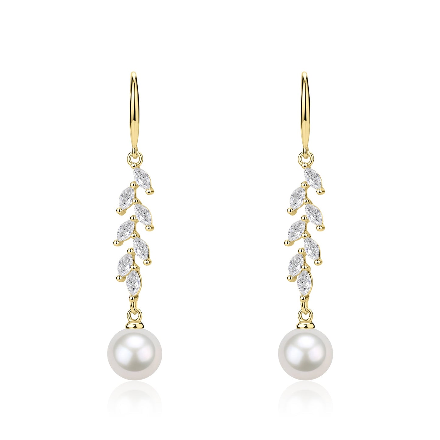 Freshwater Pearl and Long Leaf Earrings with Cubic Zirconia