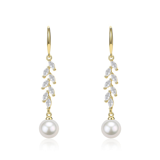 Freshwater Pearl and Long Leaf Earrings with Cubic Zirconia