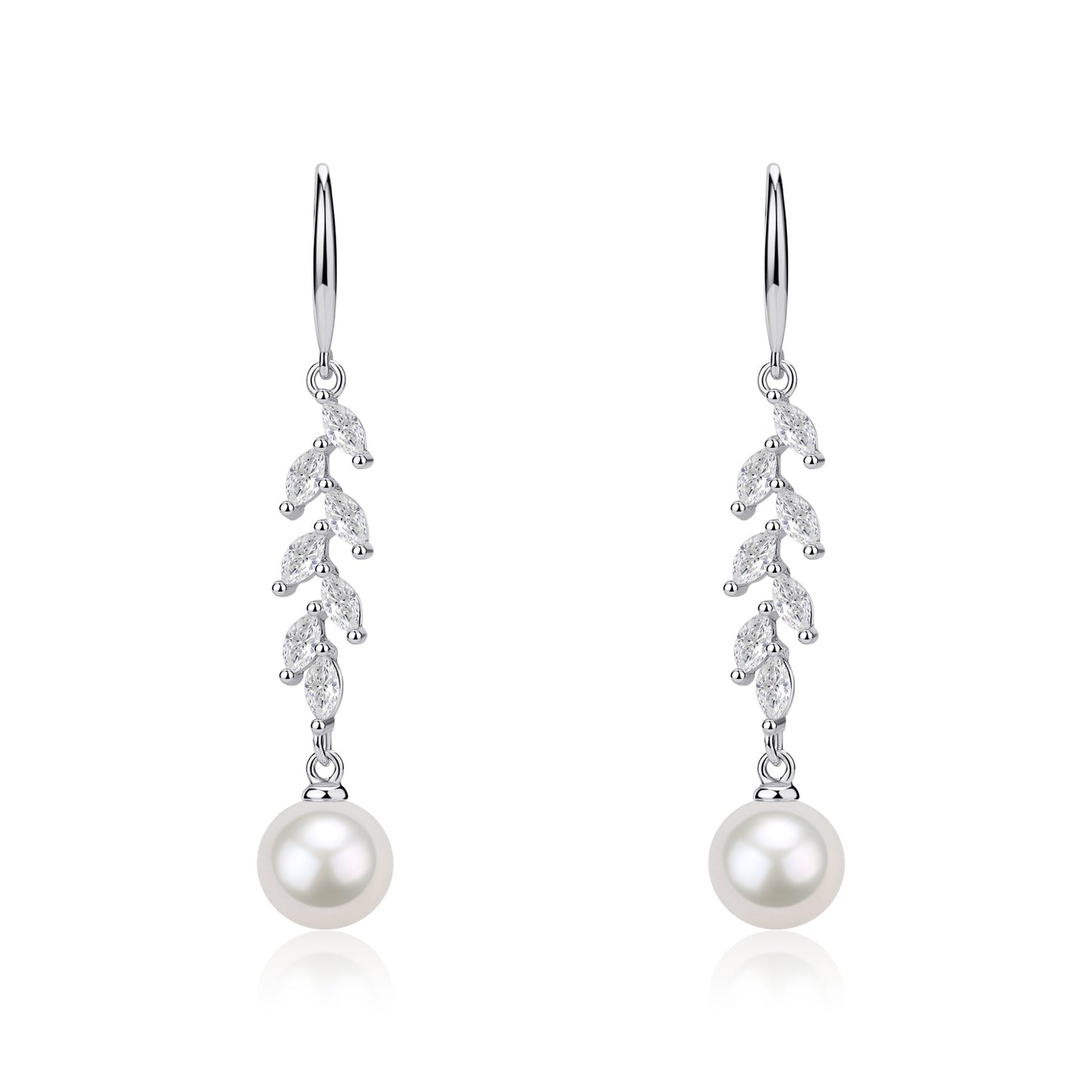 Freshwater Pearl and Long Leaf Earrings with Cubic Zirconia