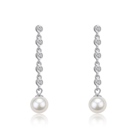 Freshwater Pearl and Long Drop Earrings with Cubic Zirconia