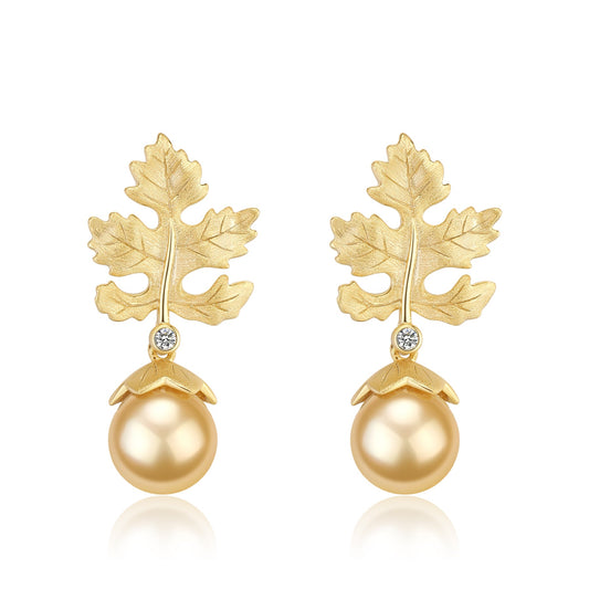 Golden South Sea Baroque Pearl Leaf Design Earrings