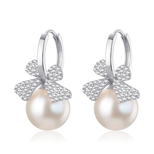 Cubic Zirconia Bow Design Pearl Earrings