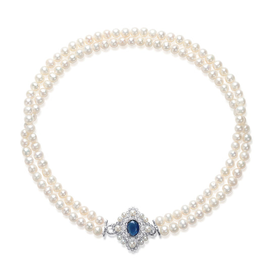 Double Layer Pearl and Sapphire Choker Necklace