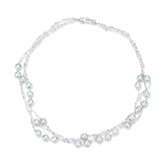 Triple Layer Silver Akoya Pearl Necklace with Blue Seawater