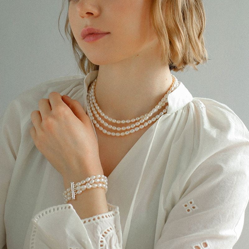 Triple Layer Freshwater Pearl Necklace and Bracelet Set