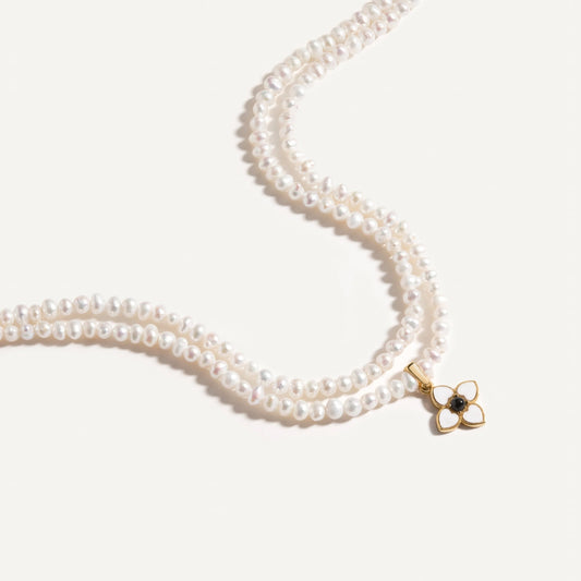 Layered Pearl Necklace with Quatrefoil Design