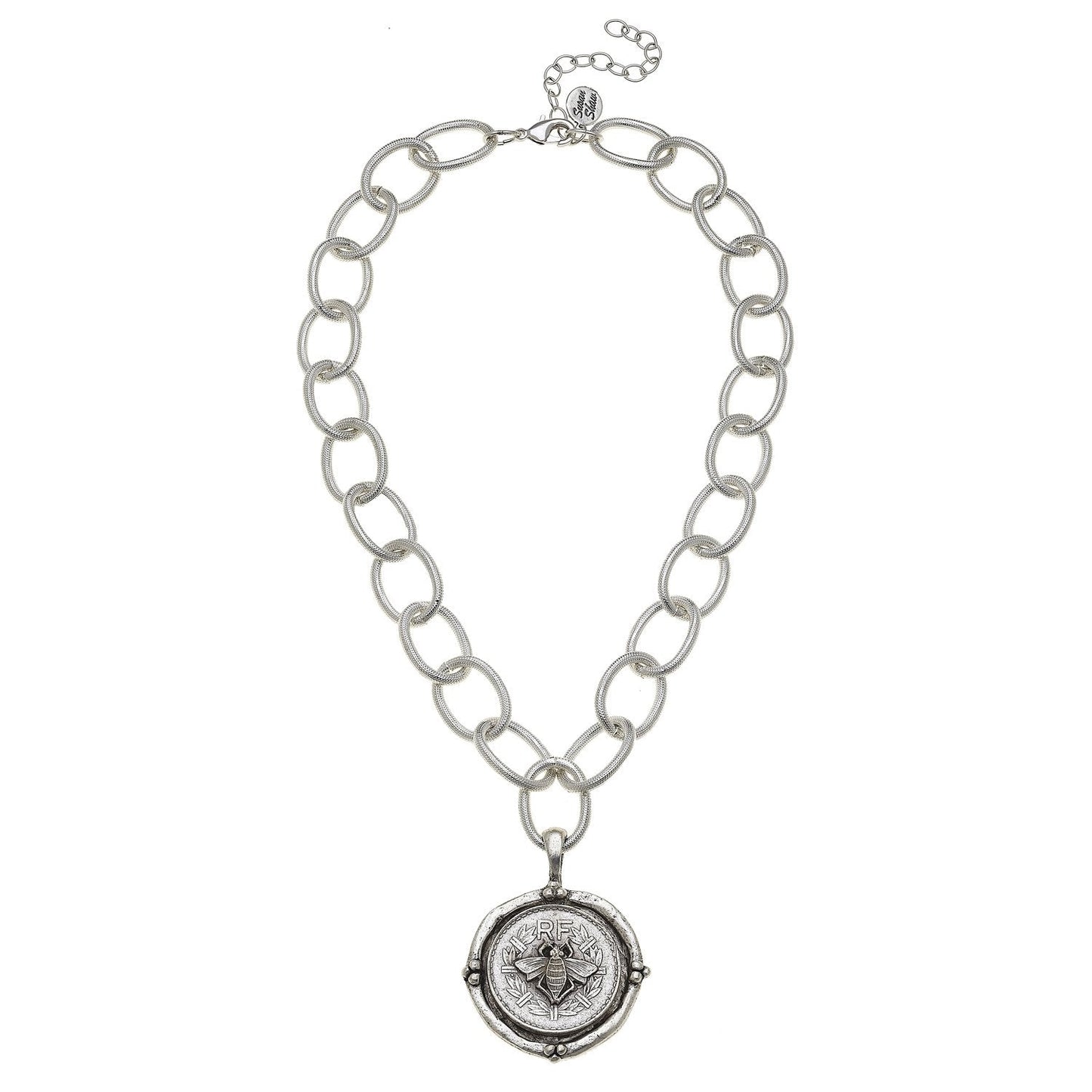 Elegant French Coin Pendant Necklace in Silver