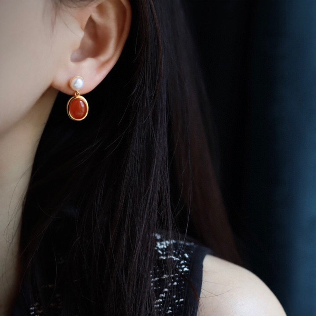 Red Agate and Pearl Drop Earrings