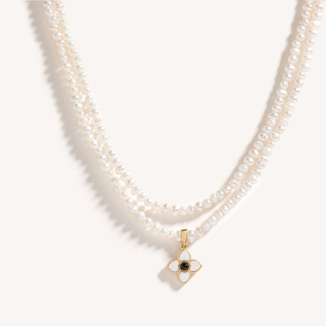 Layered Pearl Necklace with Quatrefoil Design