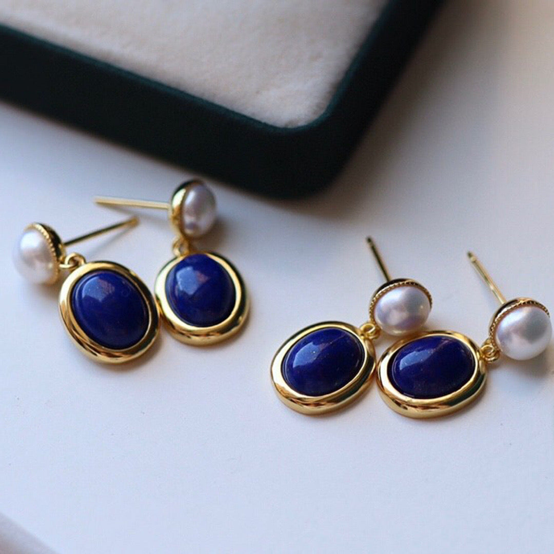 Lapis Lazuli and Pearl Drop Earrings in Dark Blue