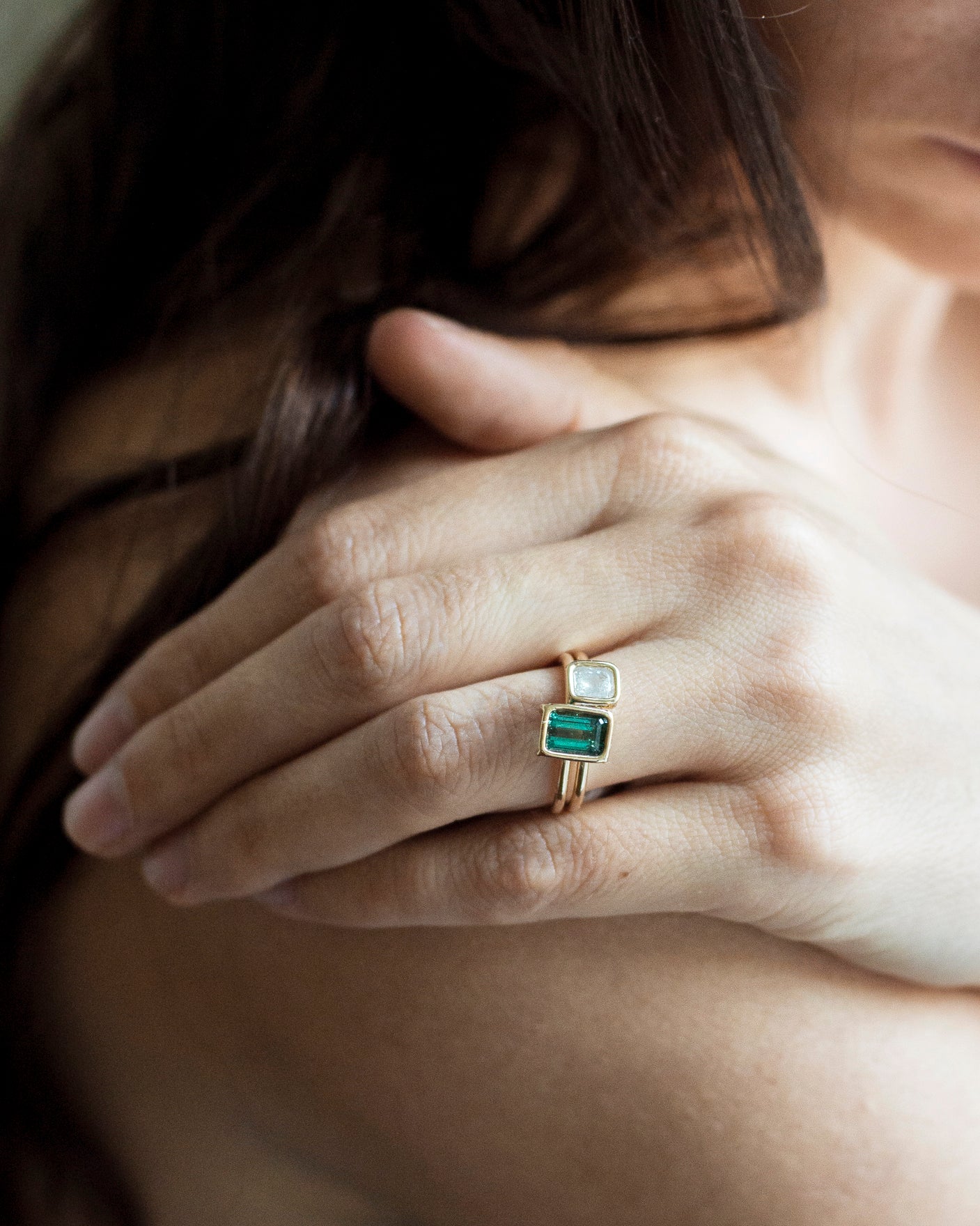 14K Green Tourmaline and Diamond Floating Rings