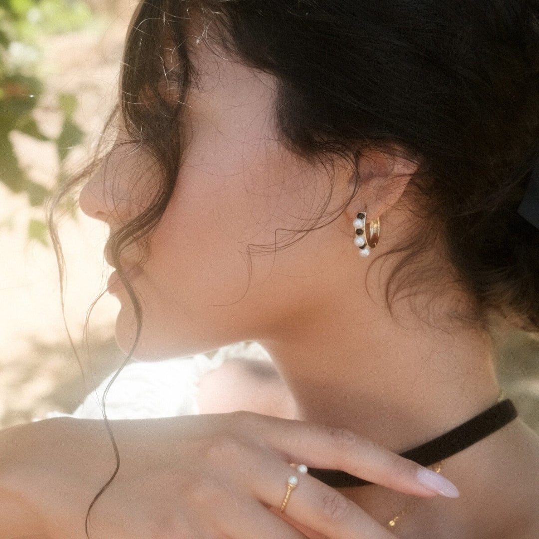 Onyx and Pearl Hoop Earrings