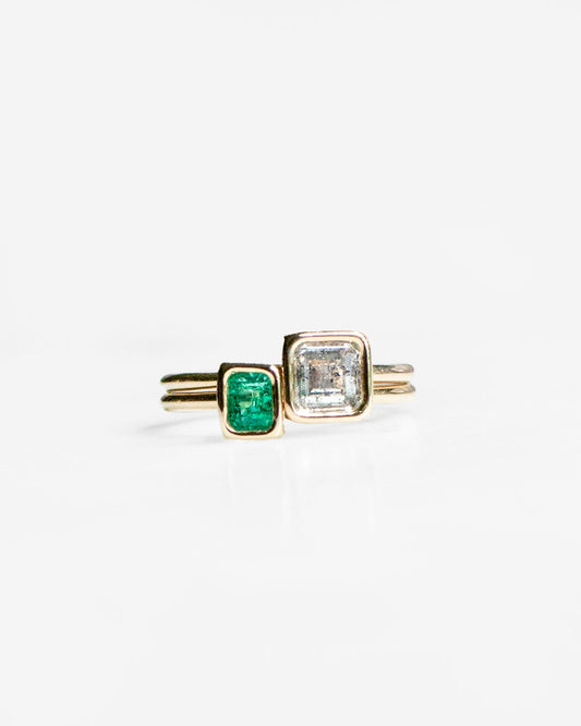 14K Floating Diamond and Emerald Toi et Moi Rings