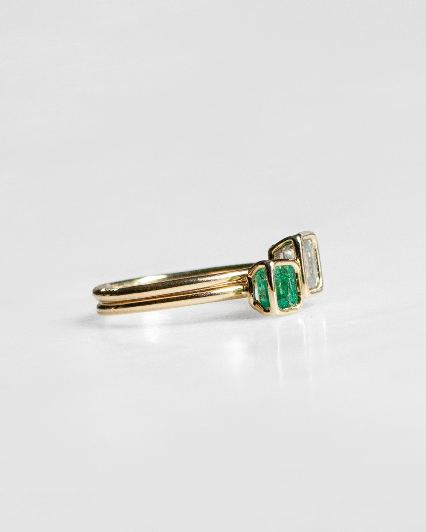 14K Floating Diamond and Emerald Toi et Moi Rings