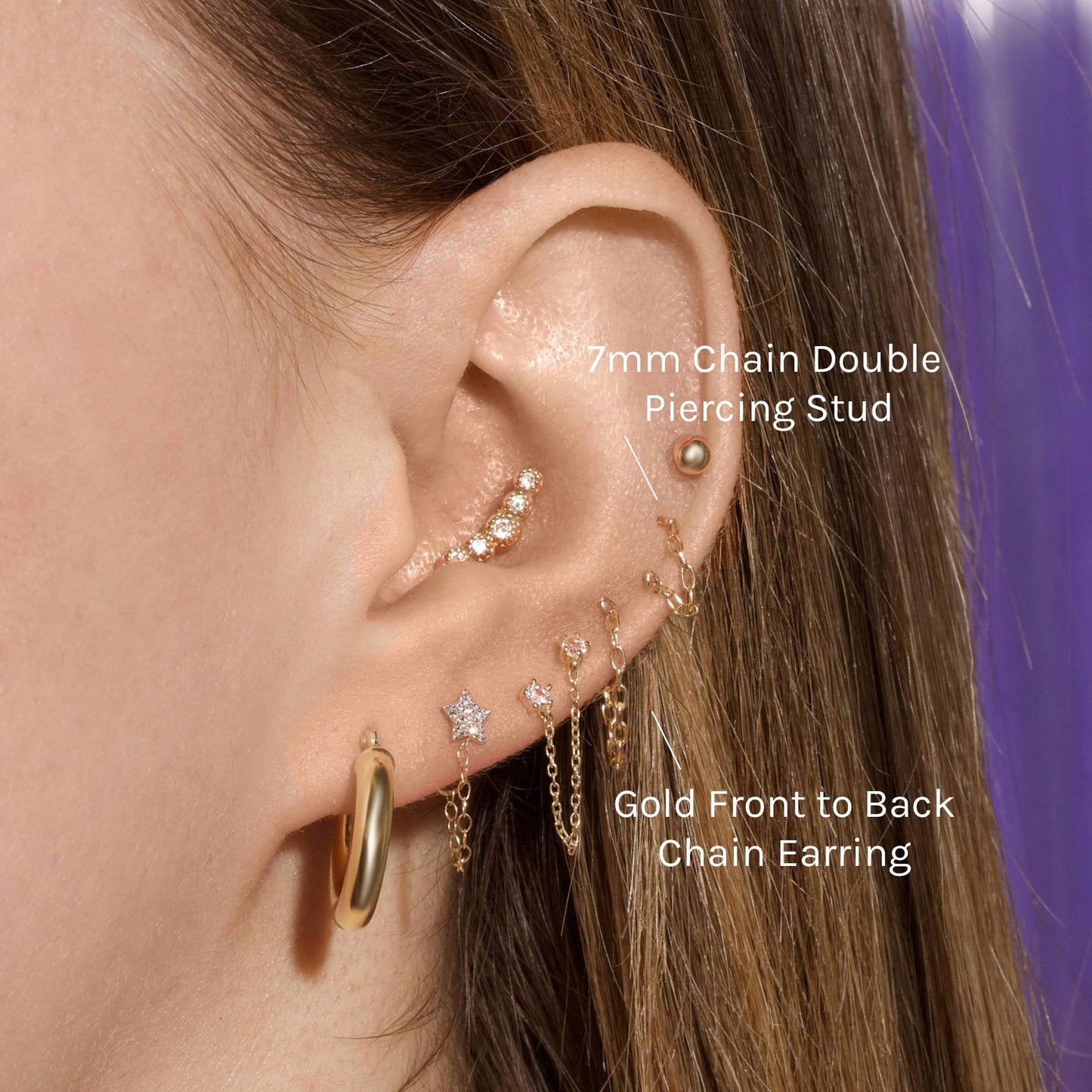 Double Piercing Stud with 7mm Chain Design